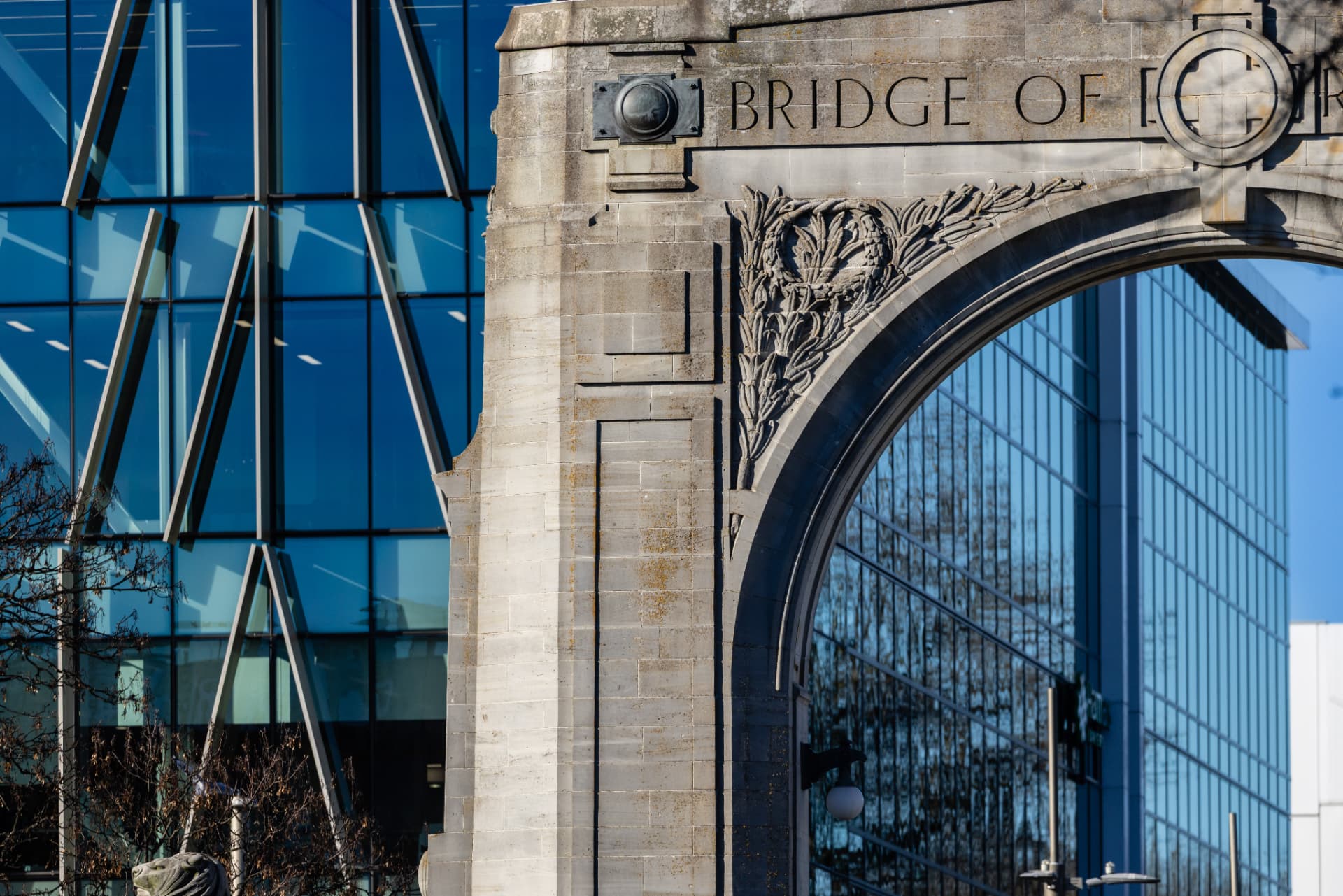 Glass and steel facade of a bridge structure